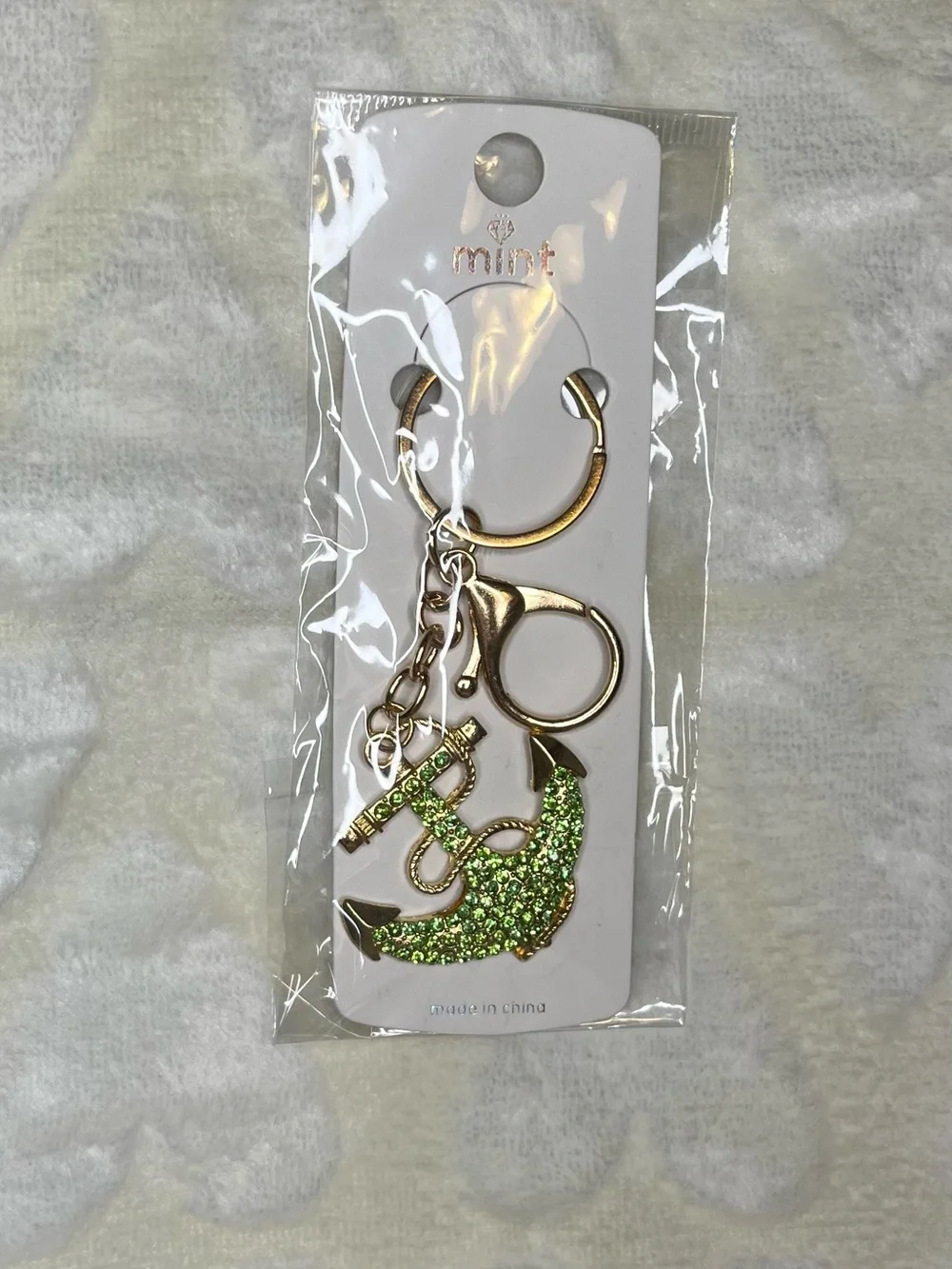 Mint Green Glitter Anchor Keyring Bag Charm with Gold Hardware